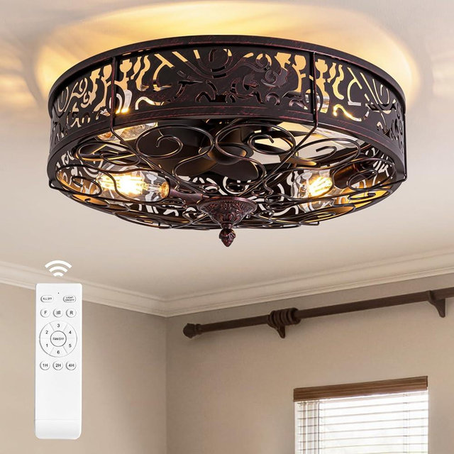 MOOONICHE 20" Ceiling Fan with Light and Remote, Bladeless Caged Farmhouse Flush Mount Fandelier, Vintage Rustic Enclosed Low Profile Fan Light, 6 Speed Timer Ceiling Fan for Bedroom, Living Room