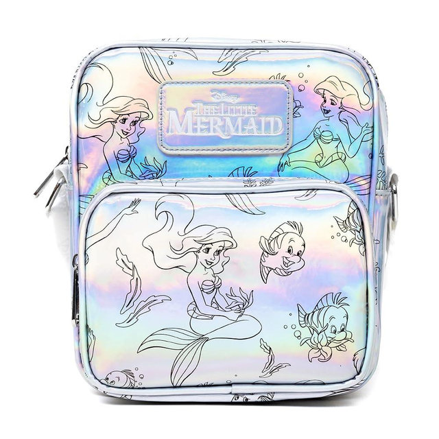 Disney Vegan Leather Crossbody Backpack with Adjustable Strap, The Little Mermaid Ariel and Flounder Poses Iridescent Holographic