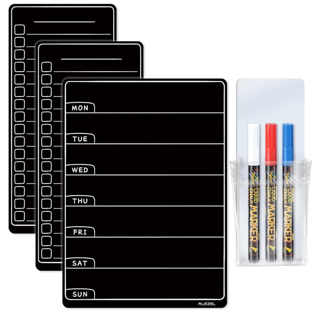 ALEZEL Magnetic Menu Board for Fridge, Weekly Calendar Blackboard Set for Refrigerator - Includes Weekly Black Dry Erase Board for Kitchen & 2 Grocery List, 3 Chalk Markers + Eraser
