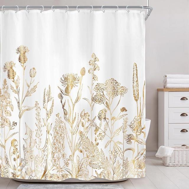 Riyidecor White Gold Floral Wildflower Shower Curtain for Bathroom Decor 60Wx72H Rustic Botanical Herbs Plant Leaves Vintage Nature Farm Art Printed Fabric Polyester Waterproof 12 Pack Plastic Hooks