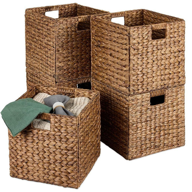 Best Choice Products 10.5x10.5in Pack of 5 Cube Storage Baskets, Water Hyacinth Multipurpose Collapsible Organizers, Handwoven Laundry Totes for Laundry, Living Room, Kids Room & Nursery - Chestnut