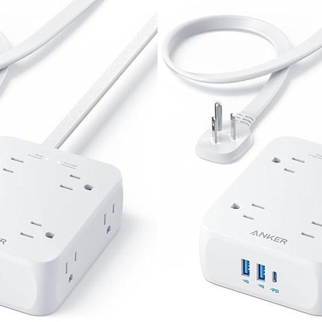 Anker Surge Protector Flat Plug Power Strip 2000J, 5ft Thin Extension Cord, 8 Outlets,2 USB A and 1 USB C Port,20W for iPhone15,Wall Mount,Compact for Home,Office,Room,TUV Listed (Pack of 2)