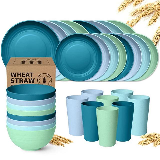 Teivio 32-Piece Kitchen Wheat Straw Dinnerware Set, Service for 8, Dinner Plates, Dessert Plate, Cereal Bowls, Cups, Unbreakable Plastic Outdoor Camping Dishes, Sky Multicolor