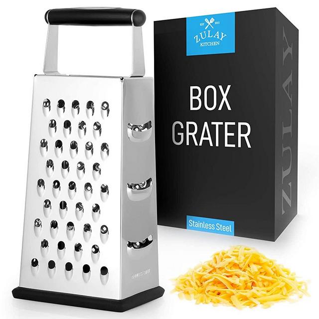 Zulay (Large) 4-Sided Cheese Grater - Stainless Steel Grater With Easy Grip Handle & Anti-Skid Base - Wide Grating Surface Box Grater With Sharp Blades For Parmesan Cheese, Ginger, Vegetables, & More