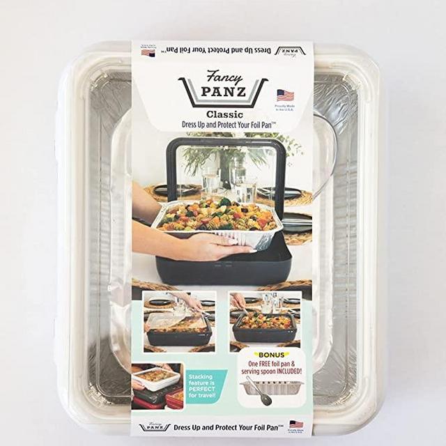 Fancy Panz Classic Pan, Dress Up & Protect Your Foil Pan, Made in USA, Fits Half Size Foil Pans. Half size Foil Pan & Serving Spoon Included. Hot or Cold Food. Stackable for easy travel. BPA free (Classic, White), (FPD01)