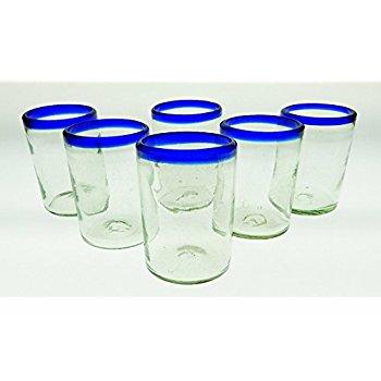 Mexican Glass Blue Rim Tumblers, Set of 8, 16 Oz