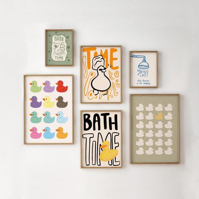 Bath Time Rubber Duck Printable Bathroom Wall Art Set Of 6 – Funny Kids Bathroom Decor, Retro Colorful Ducks & Shower Singing Quote Download
