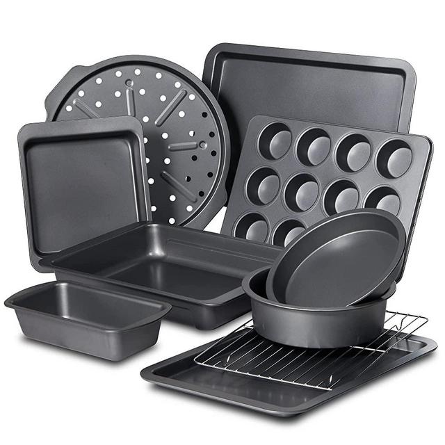 HONGBAKE Bakeware Sets, Baking Pan Set of 10, Nonstick Oven Pans with Rack, Cookie Sheet, Cake Pans, Loaf Pan, Muffin Pan, Roasting Pan, Pizza Pan - Space Grey