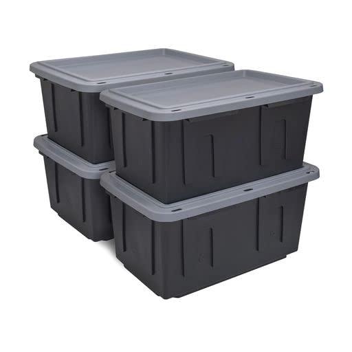 CX 27-Gallon Tough Storage Containers with Secure Snap Lid, Stackable, Extremely Durable, Nestable (Black & Gray, 4 Pack)