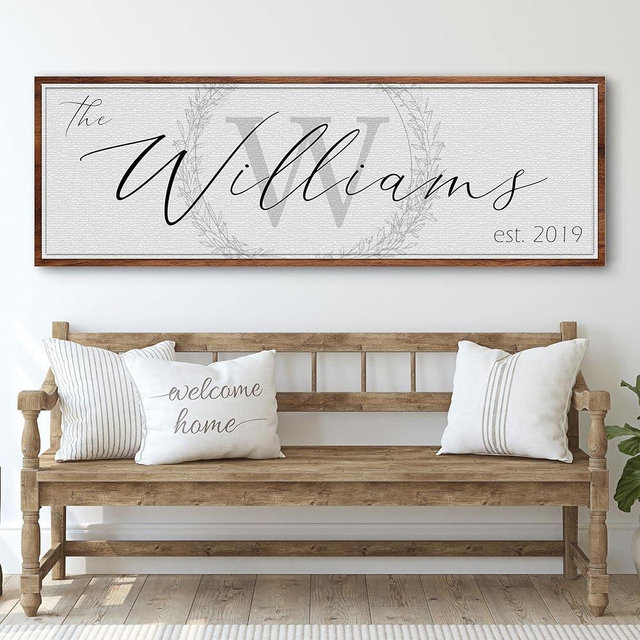 Tailored Canvases Personalized Family Sign - Last Name Signs For Home, Custom Wall Decor Canvas for Living Room, Fireplace, Kitchen, Porch, and Front Door - Monogram on White, Wooden Border, 20"x10"