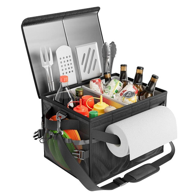 FANGSUN Grill Caddy, BBQ Caddy with Lid & Paper Towel Holder, Picnic Griddle Caddy for Outdoor Camping, Barbecue Accessories Organizer for Utensil Grilling Tool, Must Haves for Camper, Tailgate, RV