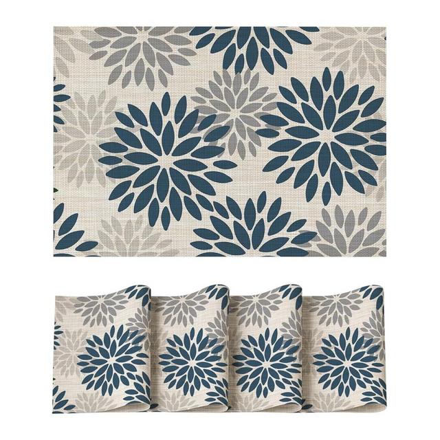 Artoid Mode Floral Vinyl Placemats Set of 4, Heat Resistant Washable Non-Slip Plistic PVC Place Mats for Party Kitchen Dining Decor, Blue Grey