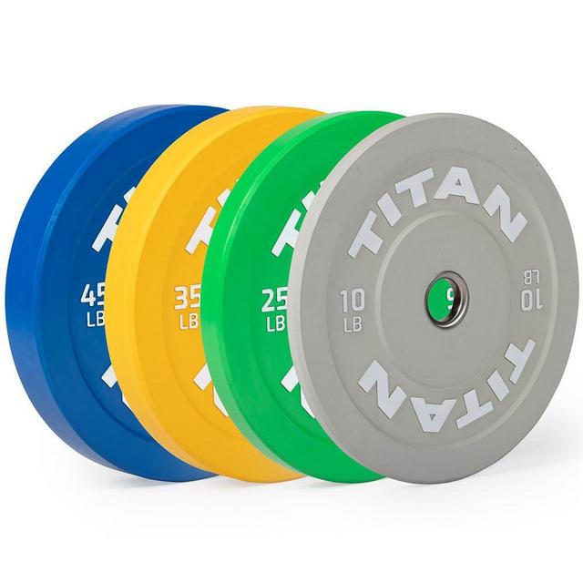 Titan Fitness Economy Olympic Bumper Plates, Color-Coded by IWF Standards, Low Bounce Rubber with Steel Insert, Weightlifting and Strength Training, Barbell Weight Set