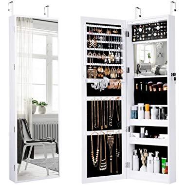 LANGRIA Jewelry Cabinet Organizer with Full Length Mirror, 10 LEDs Lockable Jewelry Armoire with Spacious Storage, Wall Mounted or Door Hanging, White