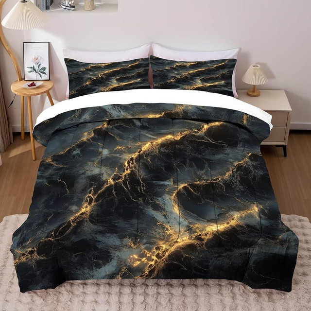DAZYFA Marble Bedding Set King Size Black and Gold Comforter for Girls Boys Men Women Bed Sets Texture Luxury Marbling Quilt Bedroom Decor, 1 Comforter 2 Pillowcases