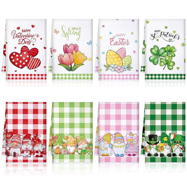 VitalCozy 8 Pcs Easter Spring Valentine's Day St. Patrick's Day Kitchen Towels Cute Gnome Plaid Dish Towels Fast Drying Kitchen Decor for Cooking, 16 x 24 Inches