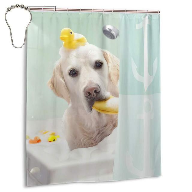 Lib Shower Curtain Set Funny Dog Bathing in Bathtub Waterproof Teal Fabric Shower Curtain for Bathroom 60"x72" with Hooks