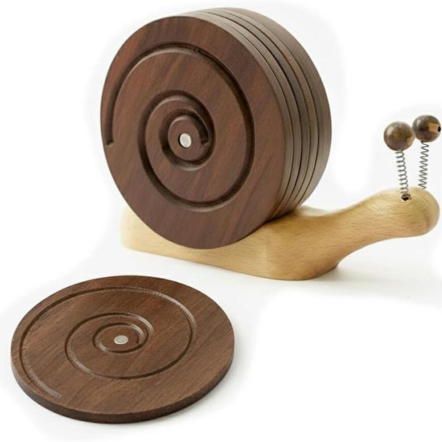 BEEBUZ Magnetic Snail Wood Coasters for Drinks - Set of 6 Handcrafted Walnut Coaster Set with Holder. Non-Stick Spiral Grooves for Wooden Table Protection. Cute & Unique Housewarming Gift Decor