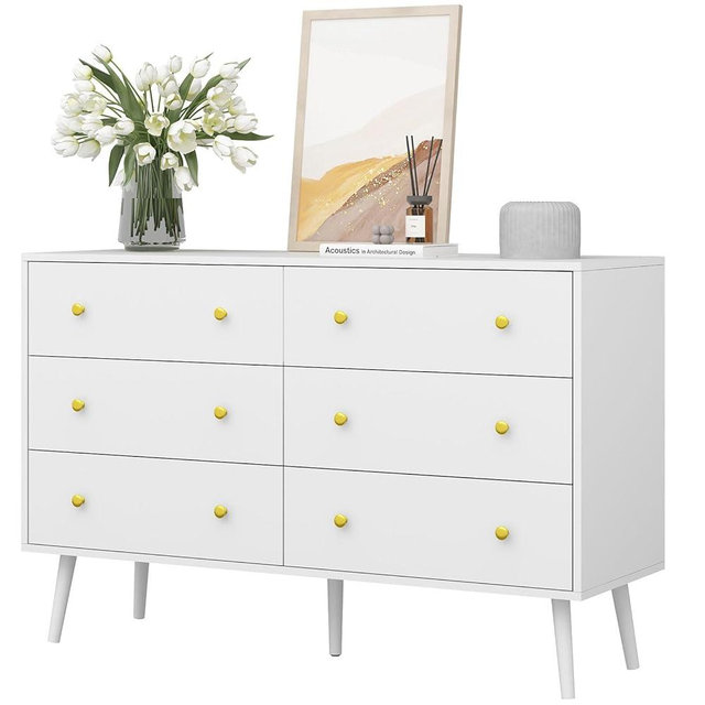 BAZELOR White Dresser for Bedroom, Double Wood Dresser with Gold Handles, 6 Drawer Dresser, Modern Mid Century Chest of Drawers for Living Room, Hallway