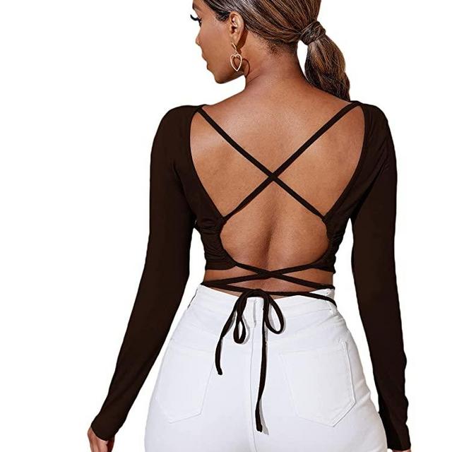 Verdusa Women's Crisscross Tied Backless Long Sleeve Crop Tee T Shirt Top