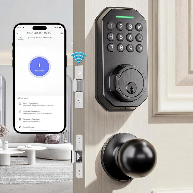 Ulecoce Keyless Entry Door Lock with Knob Set, Built-in WiFi, Door Locks for Front Door, App Control, Smart Lock, Keypad Deadbolt with Auto Lock, One-Touch Lock, One-Time Code, 5 Keys, Easy to Install