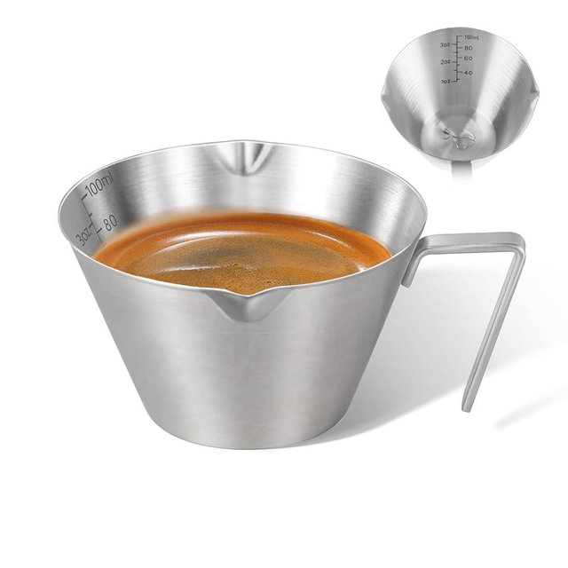 carrottimes 1Pc Stainless Steel Espresso Cups, Double Spout Metal Measuring Cup with Dual Scale, Espresso Shots Cup with Handle, 3.4oz/100ml