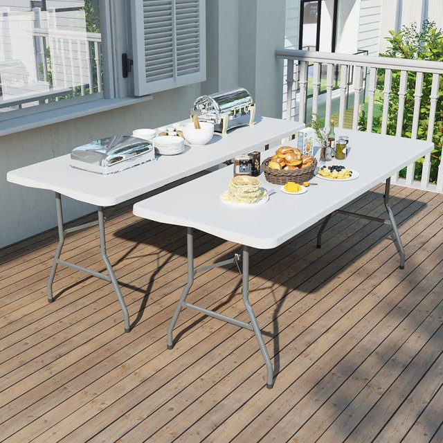 IWDOO 2 Pack Foldable Table 6ft, Plastic Folding Table, Portable Heavy Duty Dining Table with Lock Function & Carrying Handle, Outdoor Indoor Foldable White Table for Camping Party Picnic