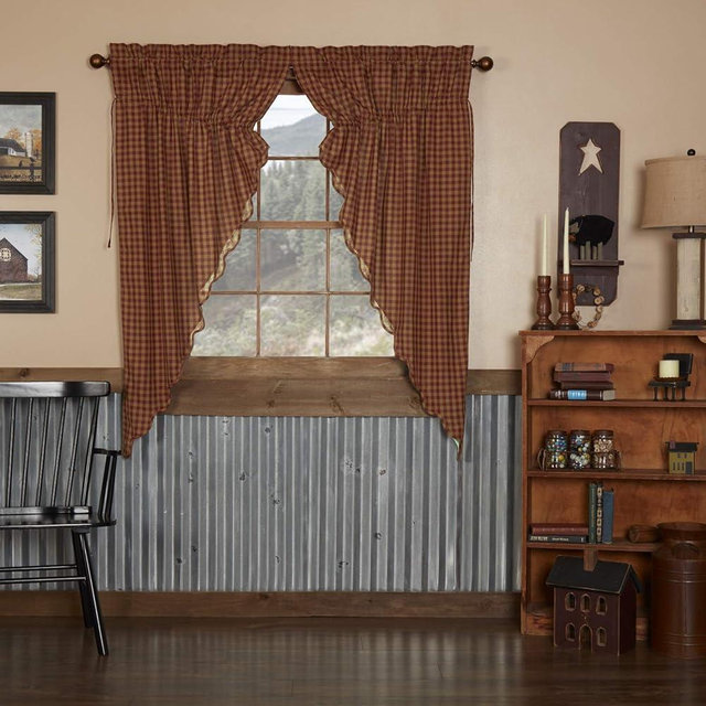 VHC Brands Burgundy Check Primitive 63"x36"x18" Prairie Panel Pair Red Rod Pocket Cotton Drawstring Ties Window Curtains