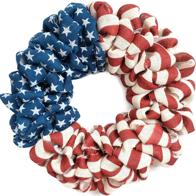 Egolot 20Inch Patriotic Burlap Wreath, 4th of July Summer Burlap Stripe and Stars Printed Wreath for The Front Door, Handcrafted Memorial Day American Flag Printed Wreath for Indoor and Outdoor