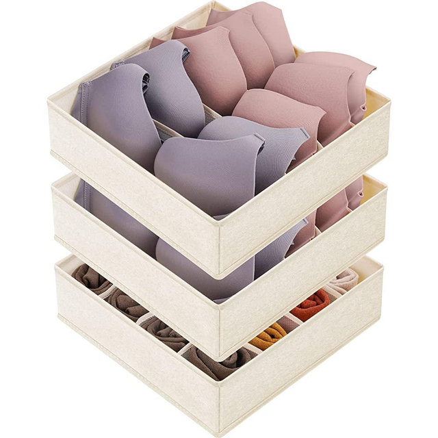3 Pack Bra Underwear Drawer Organizer Dividers, 26 Cell Fabric Foldable Dresser Closet Organizers and Storage Boxes for Baby Clothes, Bra, Socks, Underwear, Ties (5+5+16 Slots, Beige)