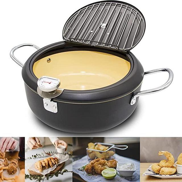 Cyrder Japanese Deep Fryer Pot with Thermometer, High Temperature-Resisting Nonstick Coating with Oil Filtration, Fried tempura/chicken/fish/shrimp/meat ball, Easy Cleanup, Black, 9.5inch/24cm