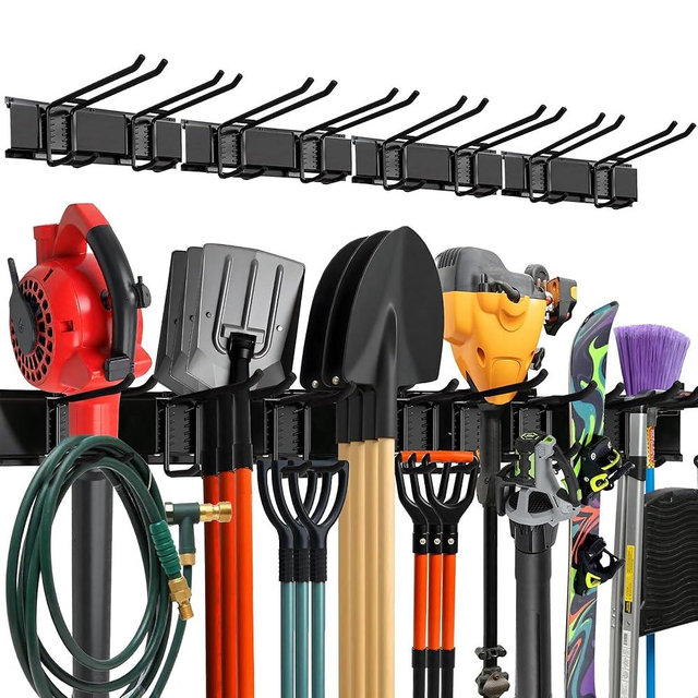 Garage Wall Organizer | 64" Heavy-Duty Tool Storage Rack | Adjustable Double-Layer Hooks | 400 lbs Capacity | Carbon Steel Wall Mount Holder for Shovels, Rakes, Ladders & Power Tools