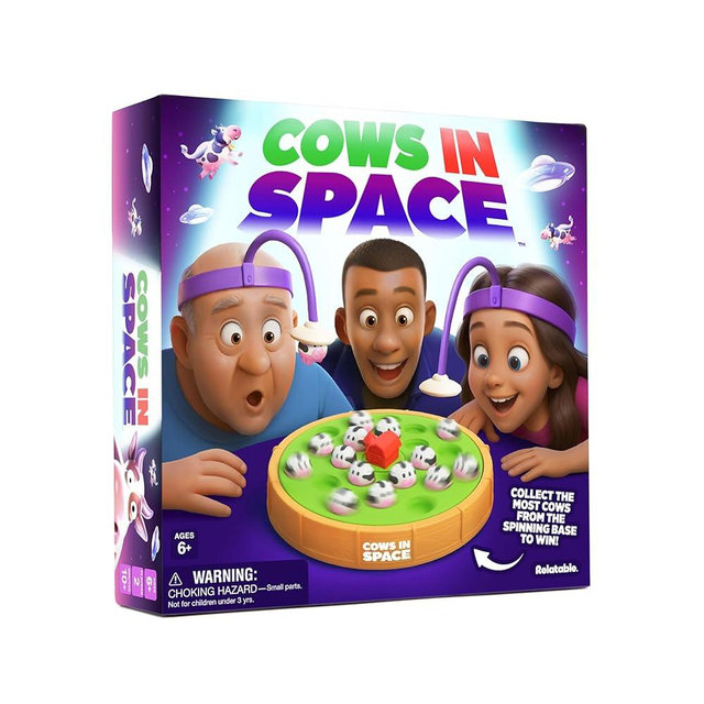 Cows In Space By Relatable, The Kid-Friendly Extraterrestrial Game, Fun Games And 2 Player Games, Great For Space Games, Includes 2 UFO Headbands, 1 Electronic Spinning Base, 21 Cows, and Instructions