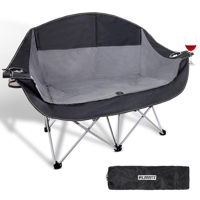 WILDROOTS Outdoor Folding Double Camping Chair Adults 2 Person,Heavy Duty 600 LBS Loveseat with 2 Cup Holder,Portable Carry Bag Included for Camping,Lawn,Backyard,Movie