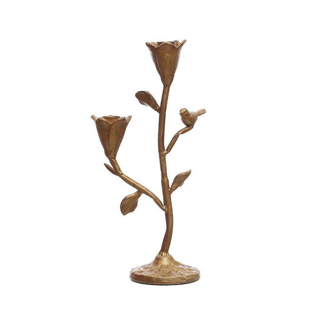 Creative Co-Op Hand-Forged Cast Iron Candelabra with Flowers and Bird, Holds 2, Gold Taper Holder