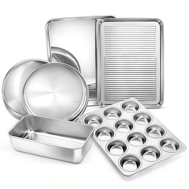 6-Piece Baking Pans set, E-far Stainless Steel Bakeware Set for Oven, Include 8-Inch Cake Pan/Rectangle Baking Cookie Sheet/Muffin/Loaf Pan, Non-Toxic & Heavy Duty, Dishwasher Safe