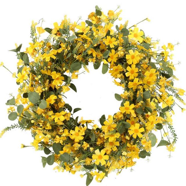 J'FLORU Decor Wreath，Yellow Daisy Wreath，22 inches，Spring and Summer Wreath for Outdoor Or Home Decor Decoration Easter Wreath