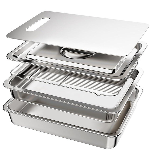 5-Piece Grill Carry System, Large Stainless Steel Grill Prep Trays with Oil Drain Rack, Marinade Container with Lid, Nested Storage, Grilling Prep and Serve Trays, Ideal for Outdoor Grilling
