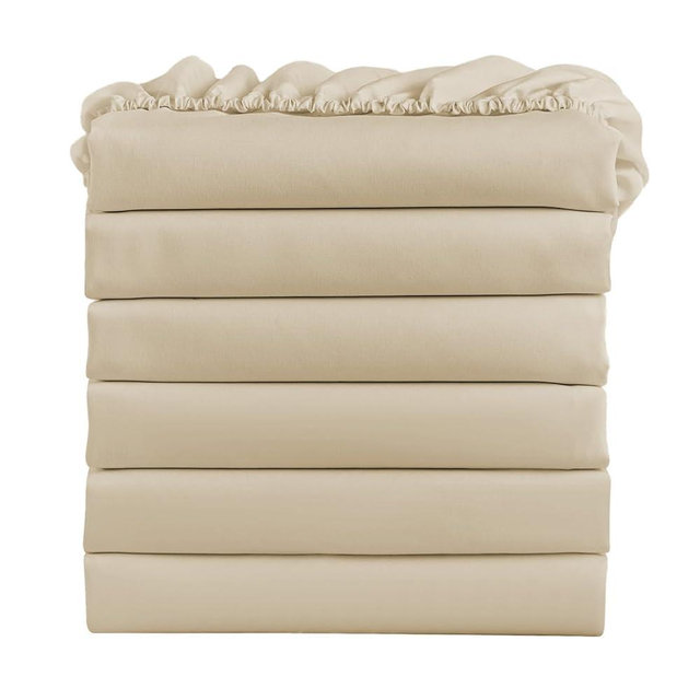 FreshCulture Queen Fitted Sheets, Bulk Pack of 6, Deep Pocket, Soft Microfiber Bottom Sheets for Home, Salons, Hotels, Queen Size Fitted Sheets Only (Beige)