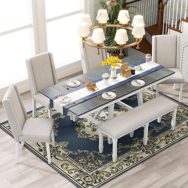 Classic 6-Piece Dining Table Set, Rubber Wood Extendable Dining Table with Two 12" W Removable Leaves and 4 Upholstered Chairs & 1 Bench, Kitchen Dining Room Table Set for 6 Person (Gray+White)