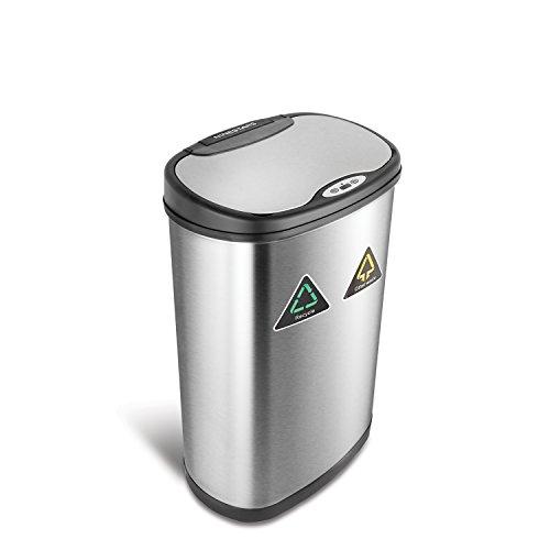 NINESTARS DZT-50-13R Automatic Touchless Infrared Motion Sensor Trash Can/Recycler, 13 Gal 50L, Stainless Steel Base (Oval, Black/Silver Lid)