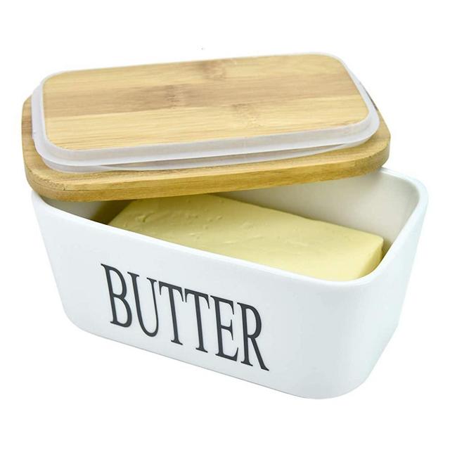 WEFOO Large Butter Dish, Airtight Butter Keeper Butter Conteriner, Porcelain Butter Keeper Container with Bamboo Lid & Seal Ring 22 oz (650ml)