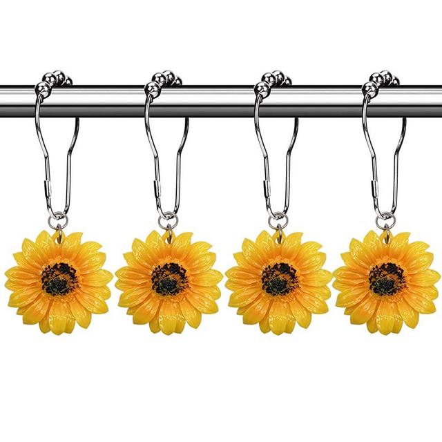 CHICTIE Sunflower Shower Curtain Hooks Rings, Yellow Flowers Decorative Shower Curtain Hooks, 12 Pcs Rustproof Shower Rings for Bathroom Set (Yellow Sunflower)
