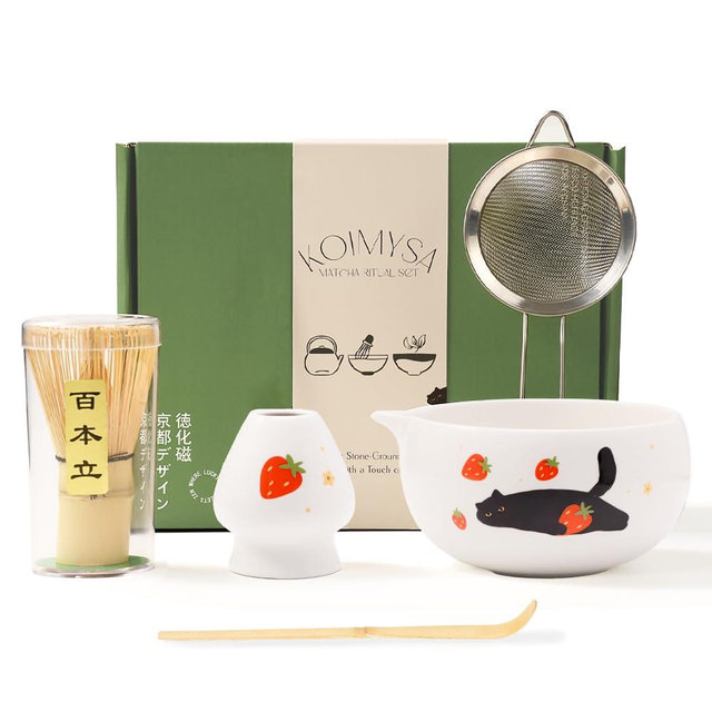 KOIMYSA Cute Matcha Whisk Set with Cat and Strawberry Pattern Matt Matcha Bowl, 5PCS Traditional Bamboo Whisk Kit, Chasen and Chashaku, White