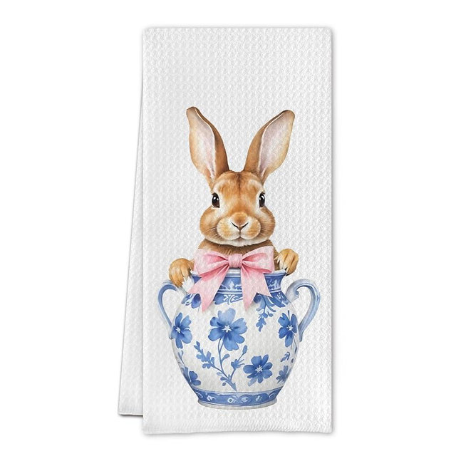 Cilrii Blue and White Chinoiserie Porcelain Rabbit Hand Towels,Pink Bows Waffle Decorative Bathroom Towels,Bunny Gifts for Women(16 X 24 Inches)