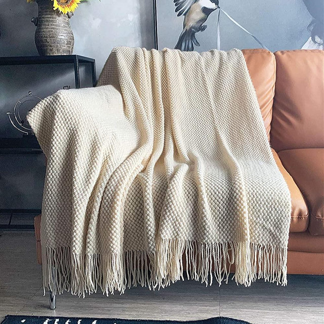LOMAO Knitted Throw Blanket with Tassels Bubble Textured Lightweight Throws for Couch Cover Home Decor (Cream, 50x60)