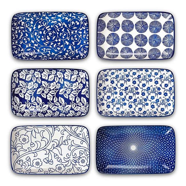 Selamica Ceramic 8 inch Rectangular Salad Plates, Pasta Dessert Plates Serving Trays for Appetizer, Sushi, Fruit - Microwave/oven/Dishwasher Safe, Set of 6, Vintage Blue