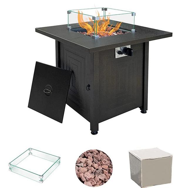 SEERESS Gas Fire Pit Table Outdoor, 50000BTU, CSA Certification, Adjustable Flame, Metal Propane Firepit with Glass Wind Guard/Lid/Lava Stone/Cover/Auto-Ignition, for Garden/Backyard/Deck/Patio, 28in