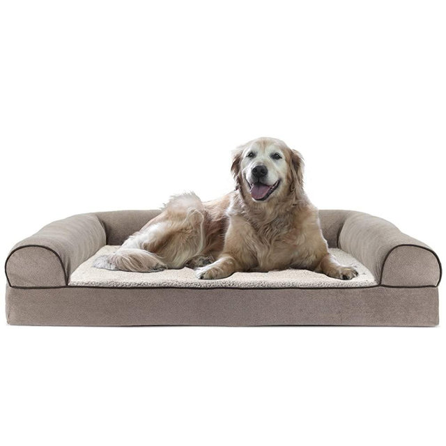 Furhaven XL Cooling Gel Foam Dog Bed Sherpa & Chenille Sofa-Style w/ Removable Washable Cover - Cream, Jumbo (X-Large)