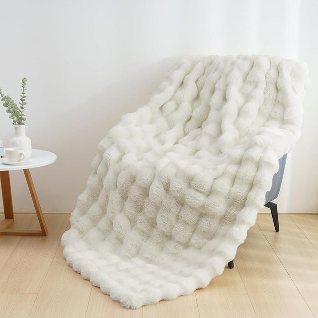 IKALIFE Warm Rabbit Fur Throw for Bedroom - Fluffy Throw Blanket Soft and Cozy,Home Decorative Blankets for Couch,Sofa, Heavy Blanket for Winter, 50" x 60", Cream